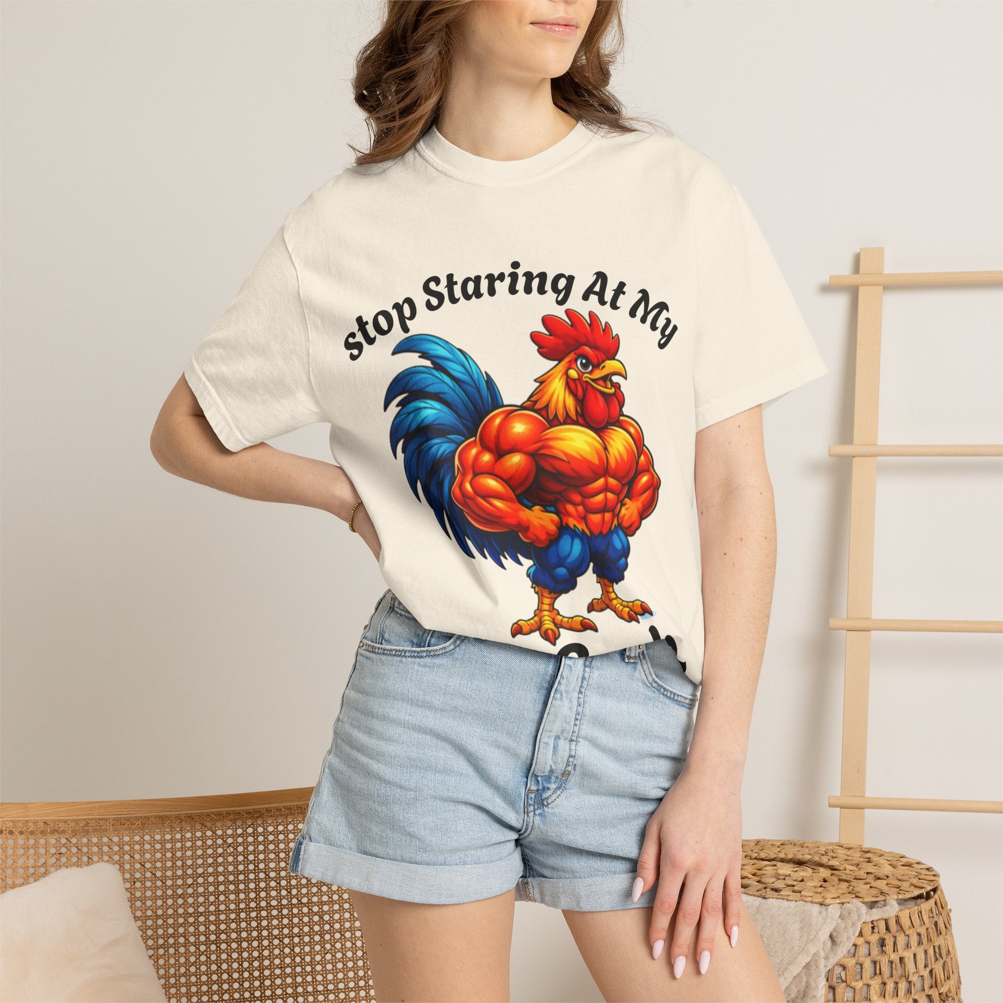 Graphic Adult T-Shirt — "Stop Staring At My Big Cock" Rooster Humorous Tee