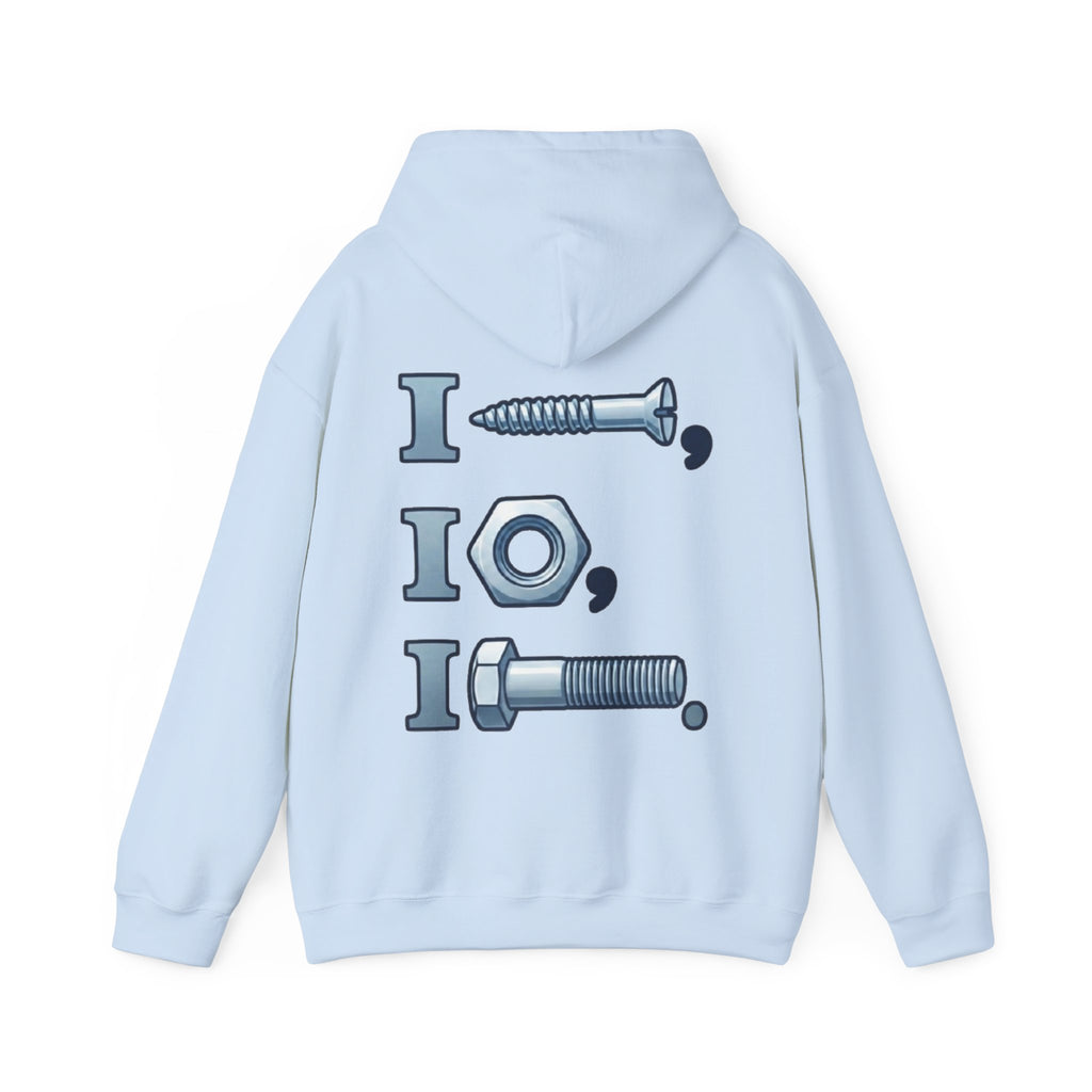 Screw, Nut, Bolt Adult Hoodie — Mechanical Pun Graphic Hooded Sweatshirt