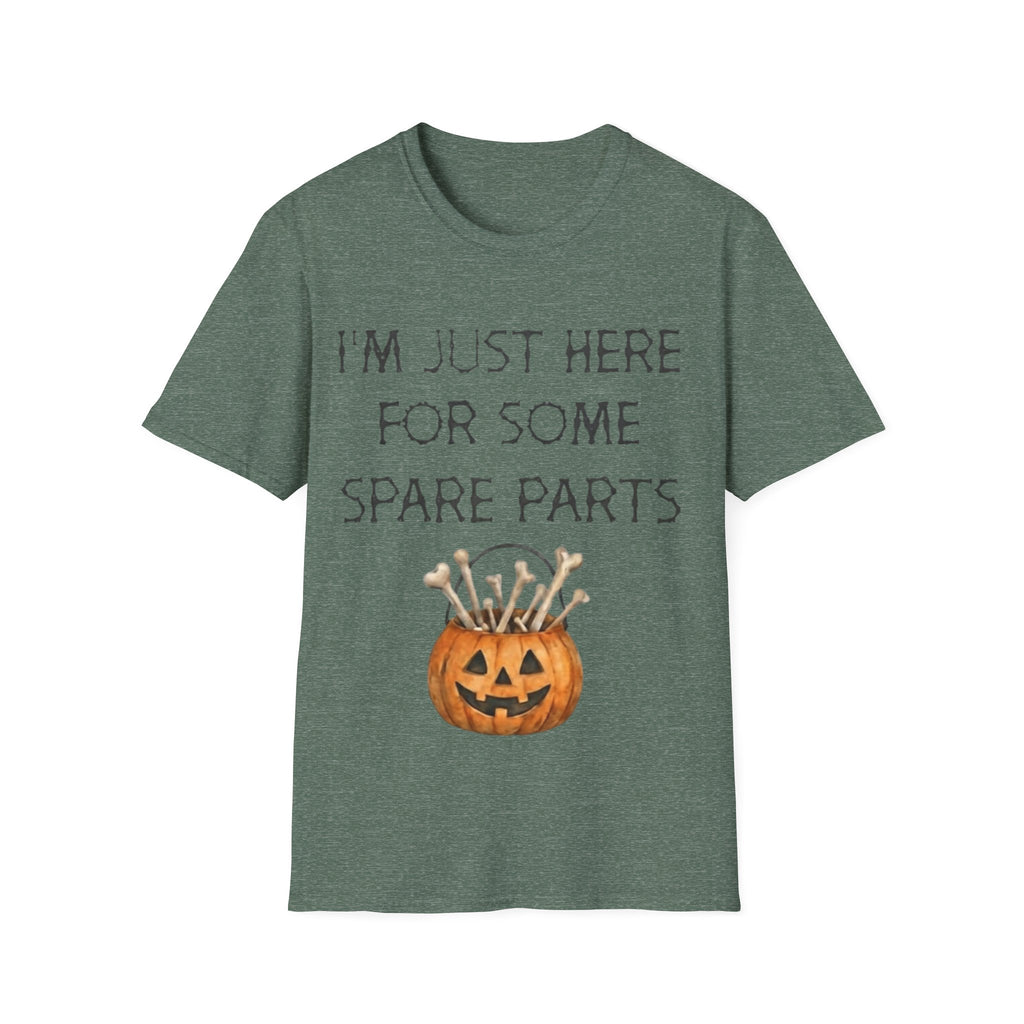 Halloween Pumpkin Jack-o'-Lantern Adult T-Shirt — "I'm Just Here For Some Spare Parts"