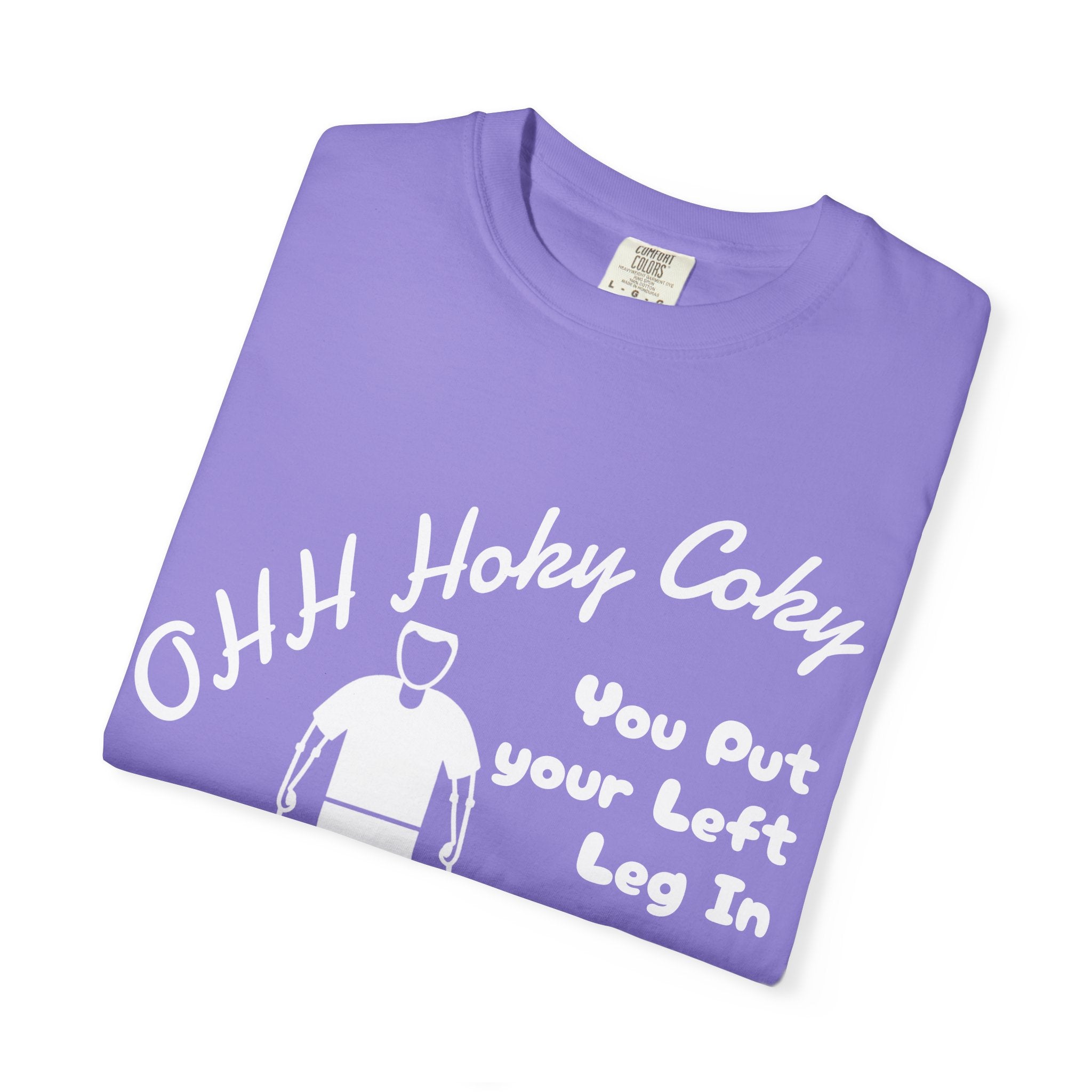 Ohh Hokey Cokey Prosthetic Leg Adult T-Shirt — "You Put Your Left Leg In, Ohh Crap" Funny Disability Humor Tee