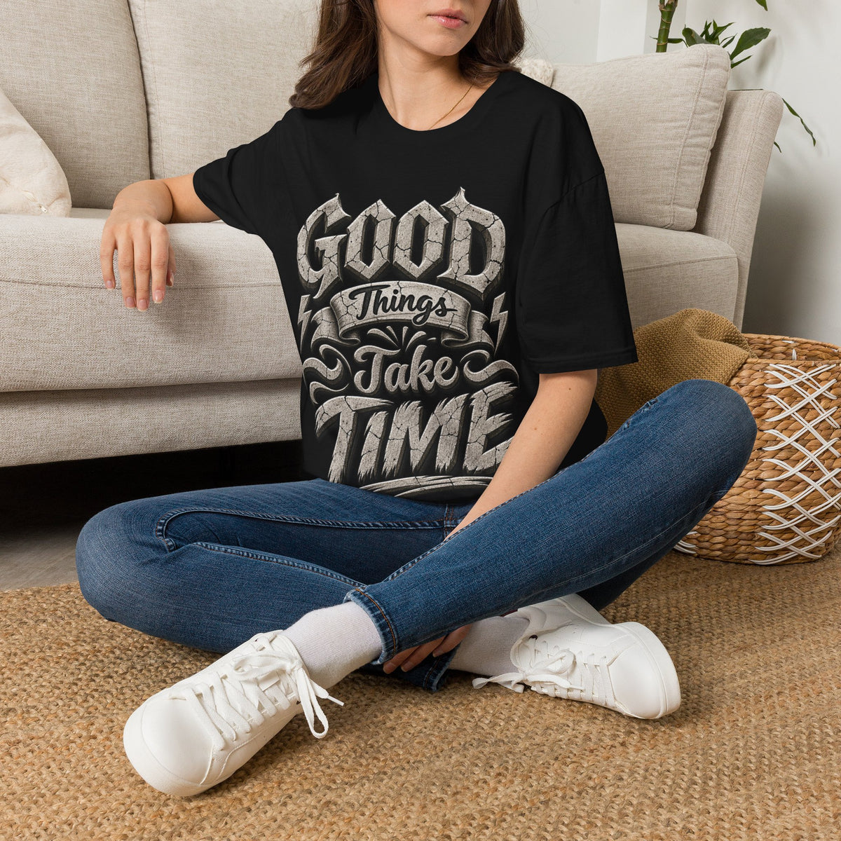Adult T-Shirt — 'Good Things Take Time' Vintage Script Graphic Tee