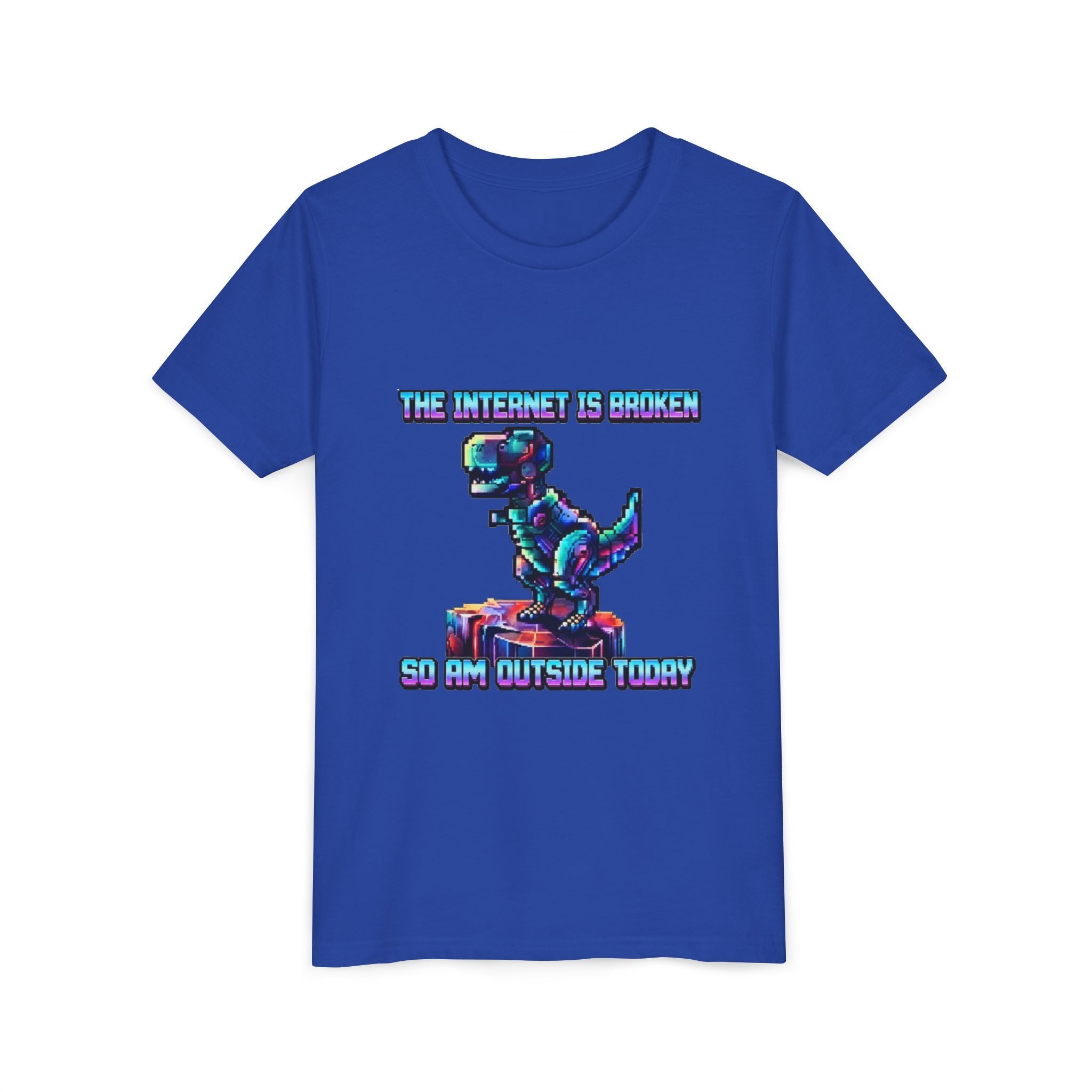 Kids T shirt — Retro Robot Dino “The Internet Is Broken So I’m Outside Today”