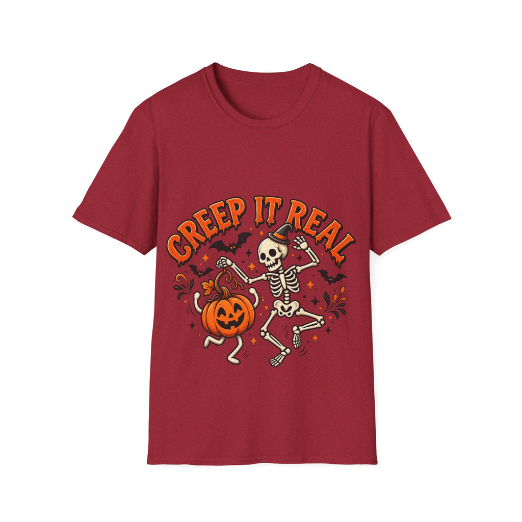 Creep It Real Halloween Adult T-Shirt — Dancing Skeleton & Pumpkin Graphic