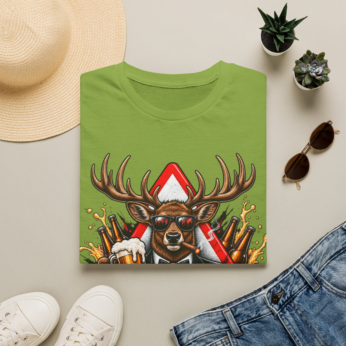 Stag Party Adult T-Shirt — Funny Beer-Drinking Deer Graphic Tee for Bachelor Parties