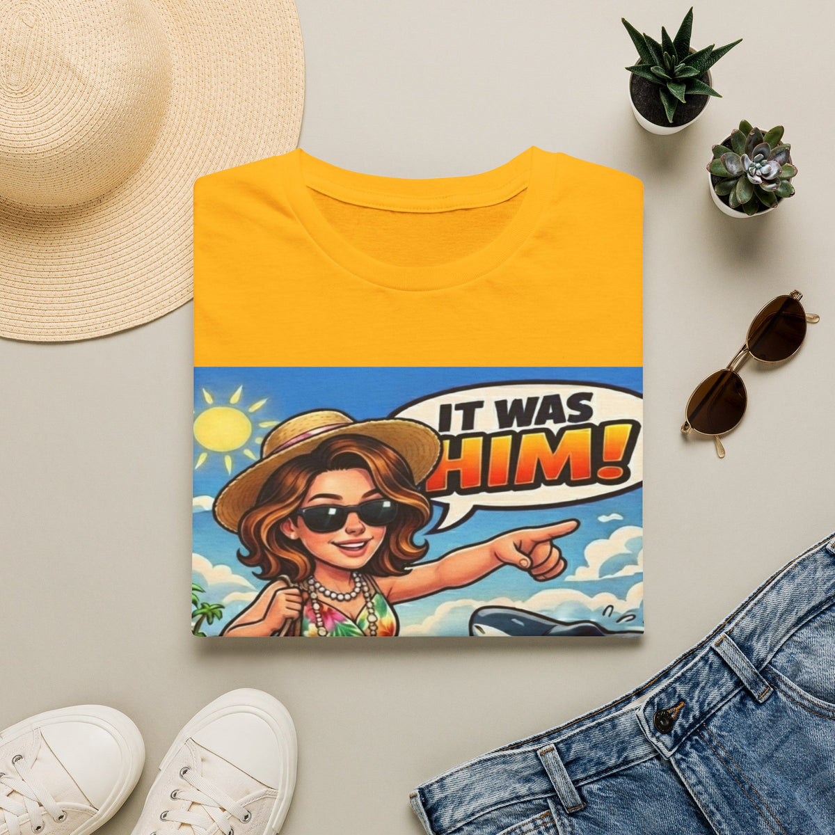 Adult T-Shirt — 'It Was Him!' Beach Shark Graphic Tee