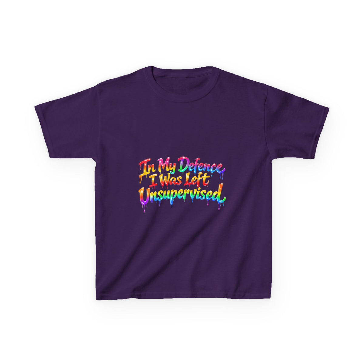 Kids Tee — "In My Defence I Was Left Unsupervised" Rainbow Drip Graphic