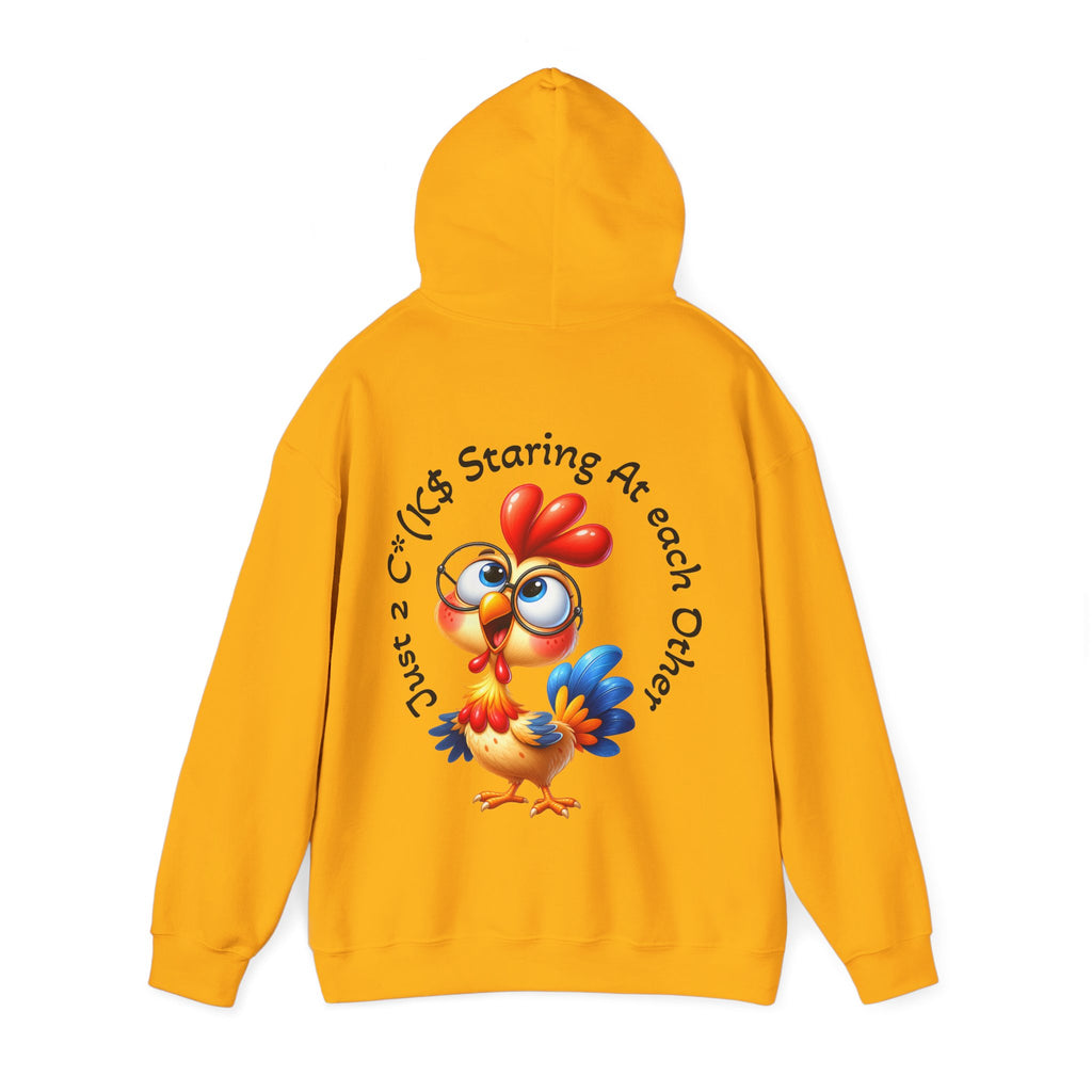 Adult Hoodie — Cute Cartoon Chicken “Just 2 C*#ks Staring At Each Other” Funny Graphic Hoodie