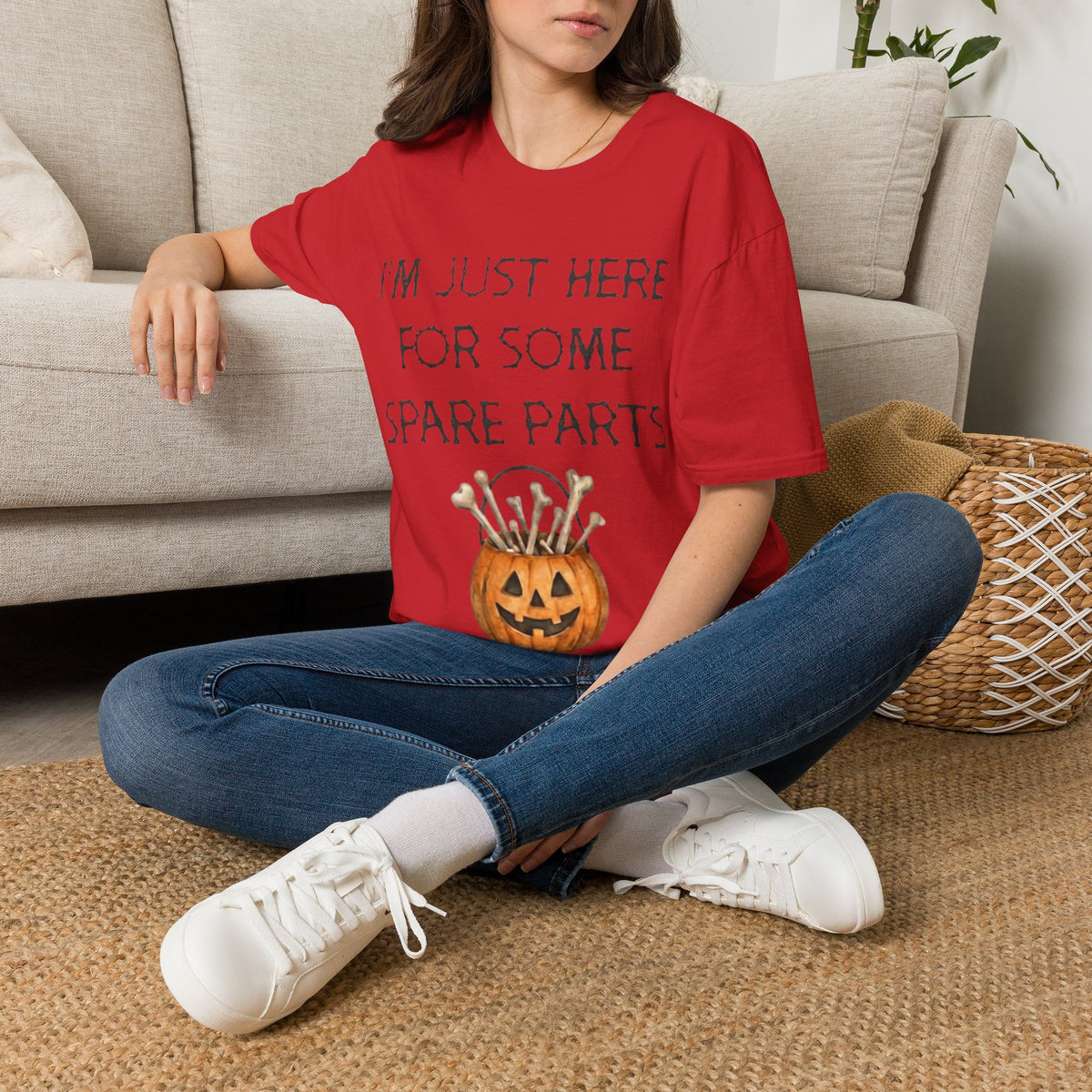 Halloween Pumpkin Jack-o'-Lantern Adult T-Shirt — "I'm Just Here For Some Spare Parts"