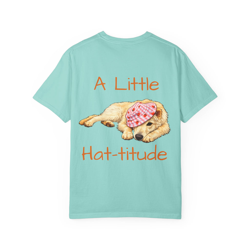 A Little Hat-Titude Puppy Adult T-Shirt | Cute Dog with Pink Hat, Paw Print