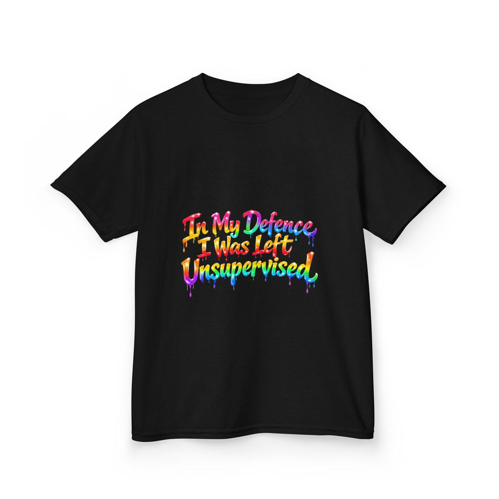 Kids Tee — "In My Defence I Was Left Unsupervised" Rainbow Drip Graphic