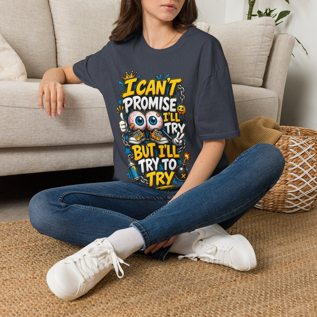 I Can't Promise I'll Try Graphic Adult T-Shirt — Funny Motivational Casual Tee