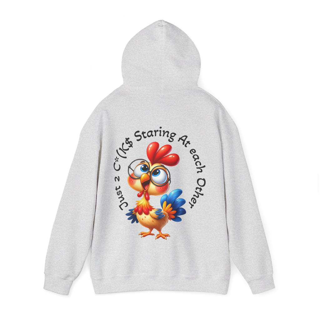 Adult Hoodie — Cute Cartoon Chicken “Just 2 C*#ks Staring At Each Other” Funny Graphic Hoodie
