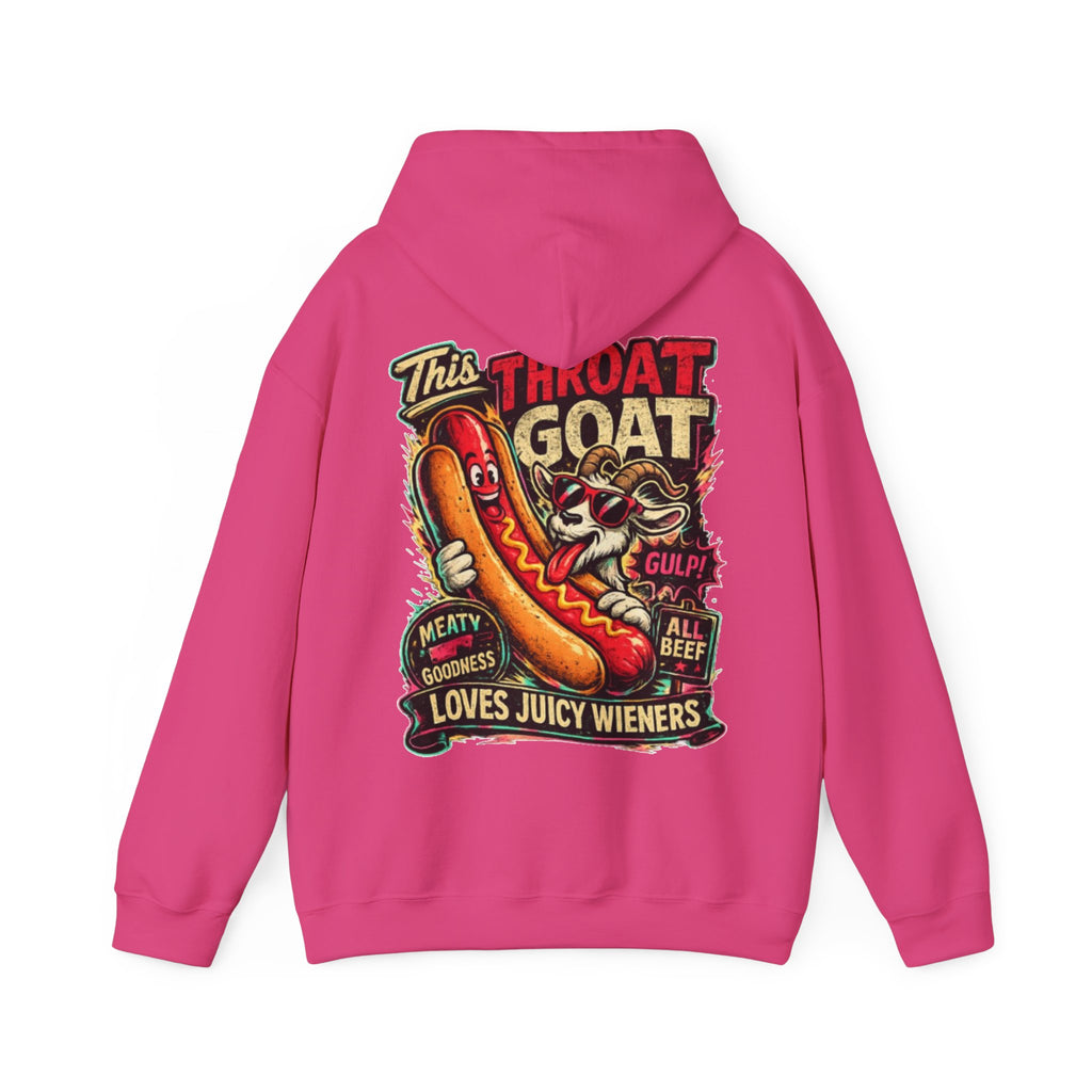 Hot Dog Goat Adult Hoodie - "This Throat Goat Loves Juicy Wieners" Graphic Hooded Sweatshirt