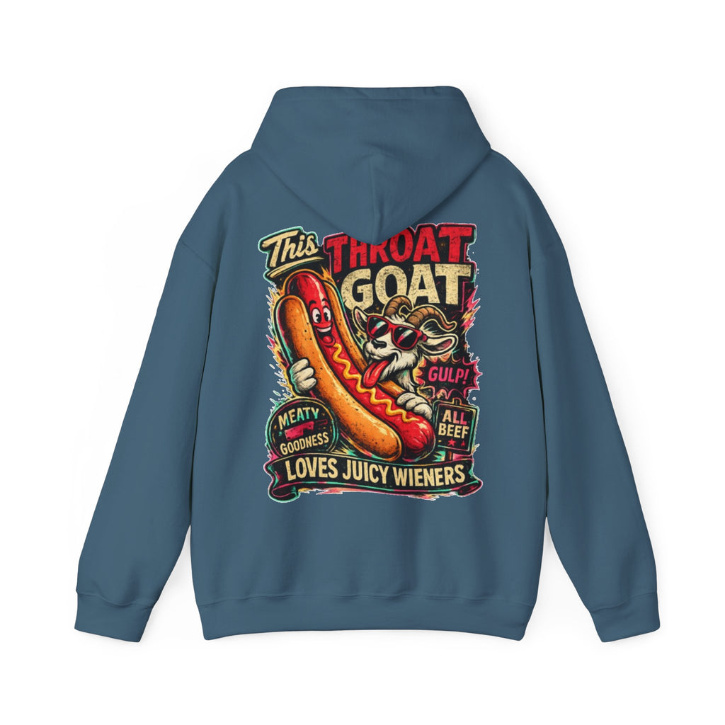 Hot Dog Goat Adult Hoodie - "This Throat Goat Loves Juicy Wieners" Graphic Hooded Sweatshirt