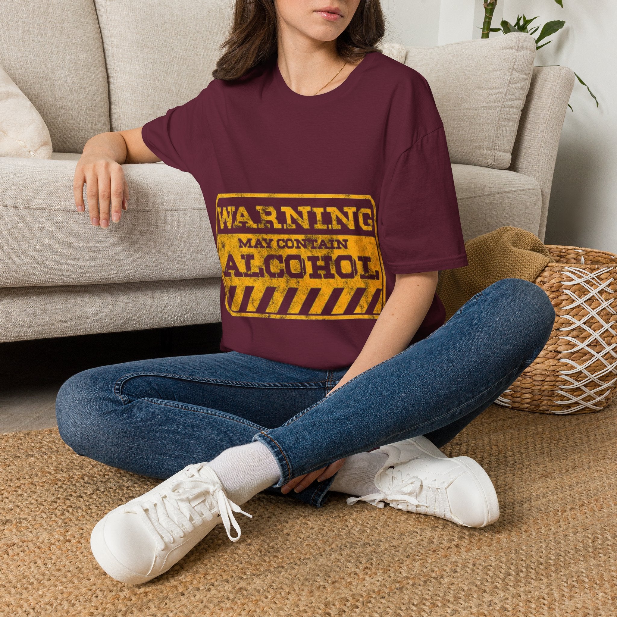 Adult T-Shirt — "WARNING: May Contain Alcohol" Distressed Graphic Tee