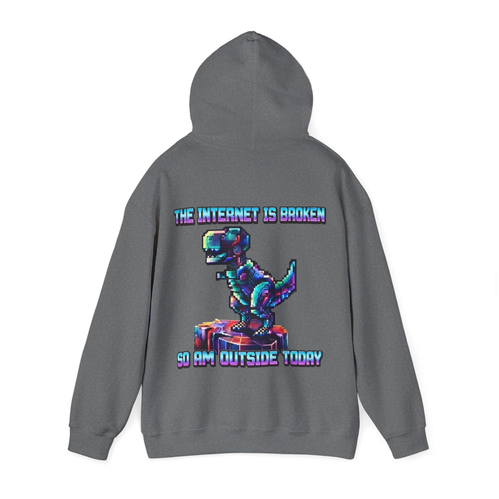 Retro Pixel Dino Adult Hoodie - "The Internet Is Broken So I’m Outside Today"