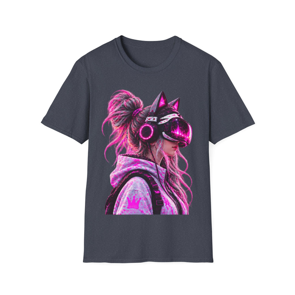 Cat VR Gamer Adult T‑Shirt — Neon Pink Cyberpunk Kitty Gamer Tee