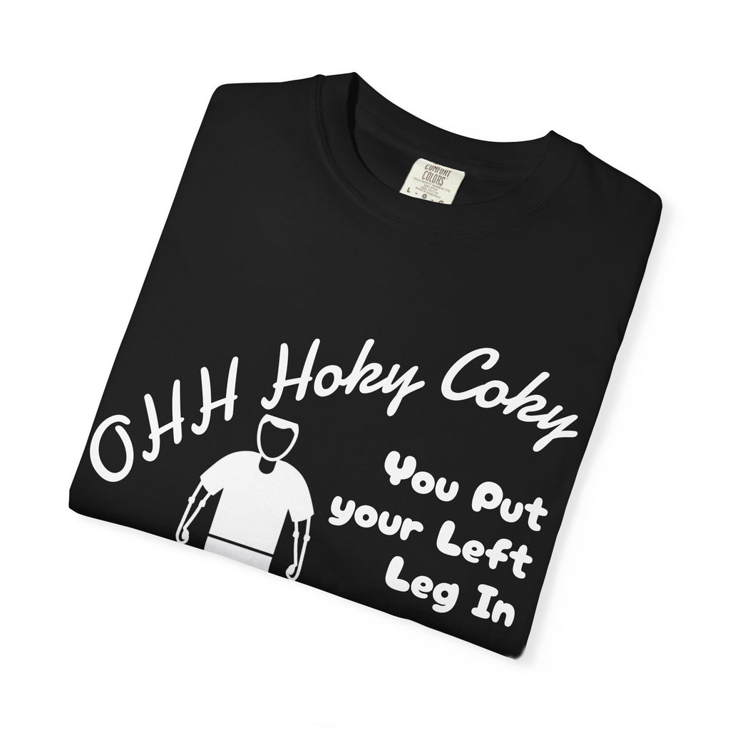 Ohh Hokey Cokey Prosthetic Leg Adult T-Shirt — "You Put Your Left Leg In, Ohh Crap" Funny Disability Humor Tee