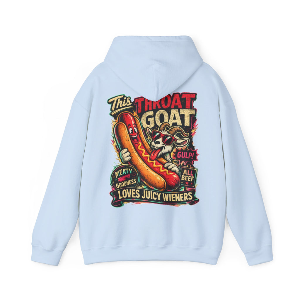 Hot Dog Goat Adult Hoodie - "This Throat Goat Loves Juicy Wieners" Graphic Hooded Sweatshirt