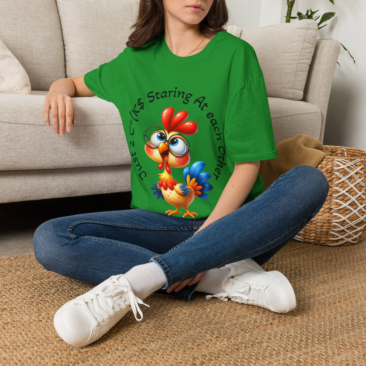 Chicken Cartoon Adult T-Shirt — "Staring At Each Other" Cute Funny Graphic Tee