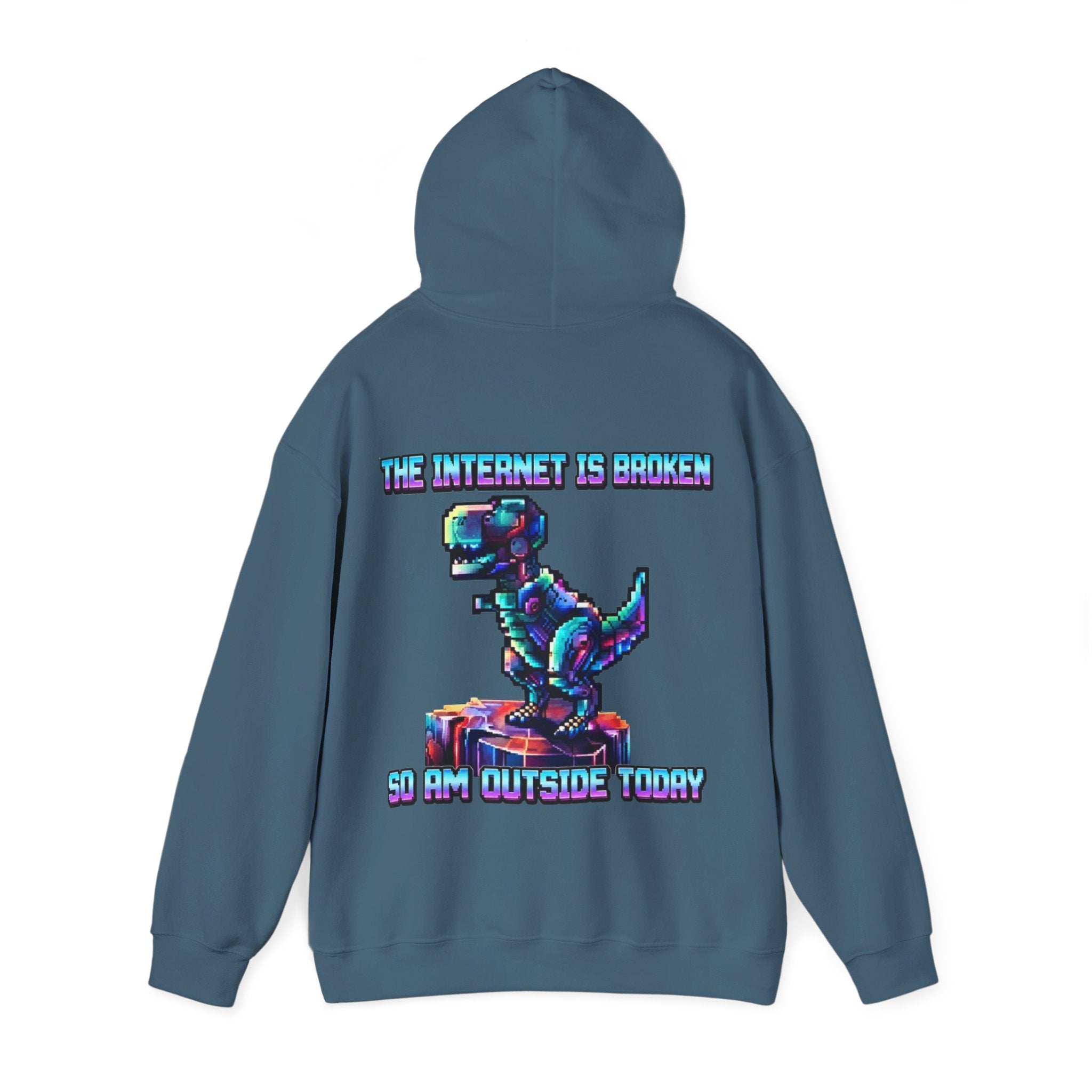 Retro Pixel Dino Adult Hoodie - "The Internet Is Broken So I’m Outside Today"