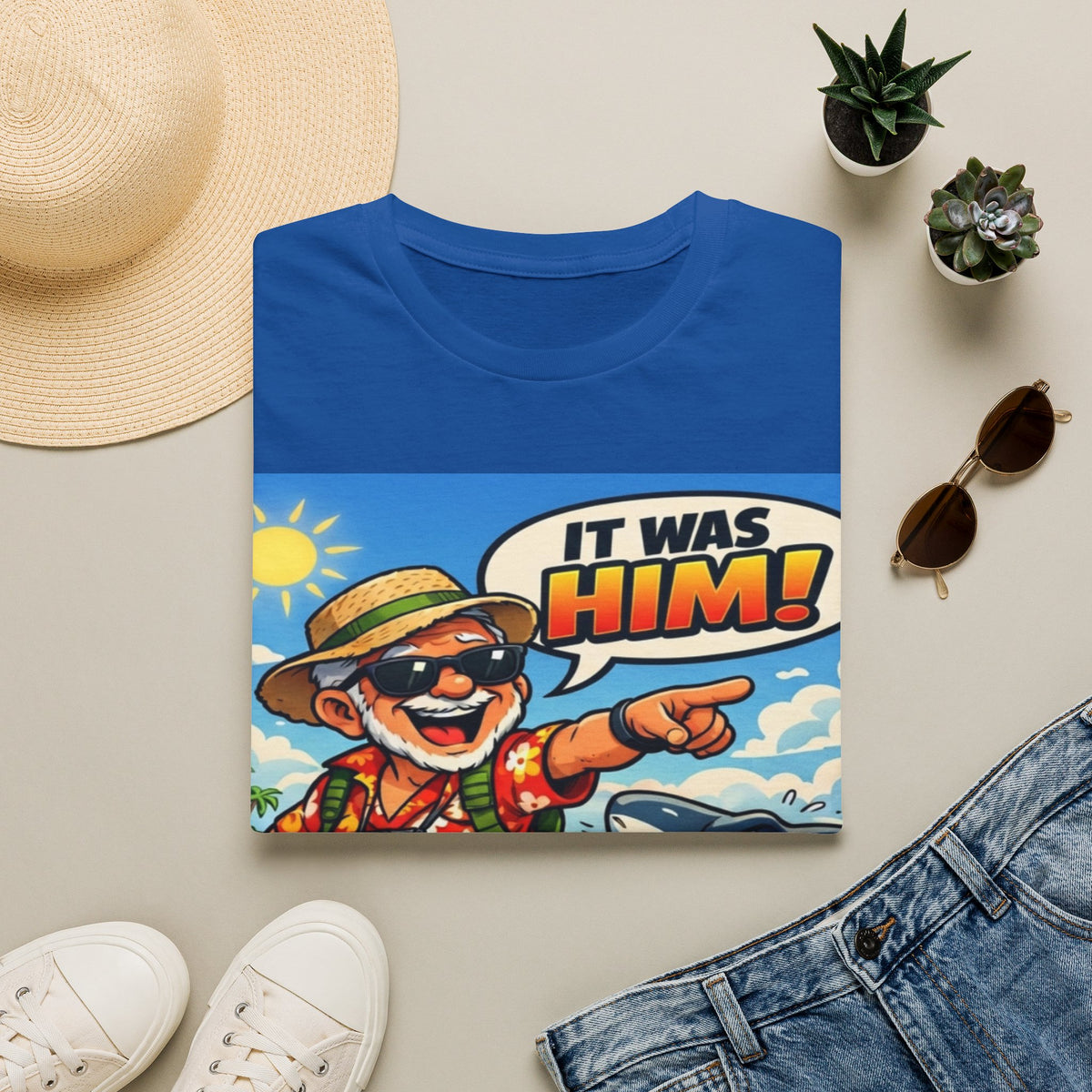 Adult T-Shirt — Retro Vacation Shark 'It Was Him!' Graphic Tee