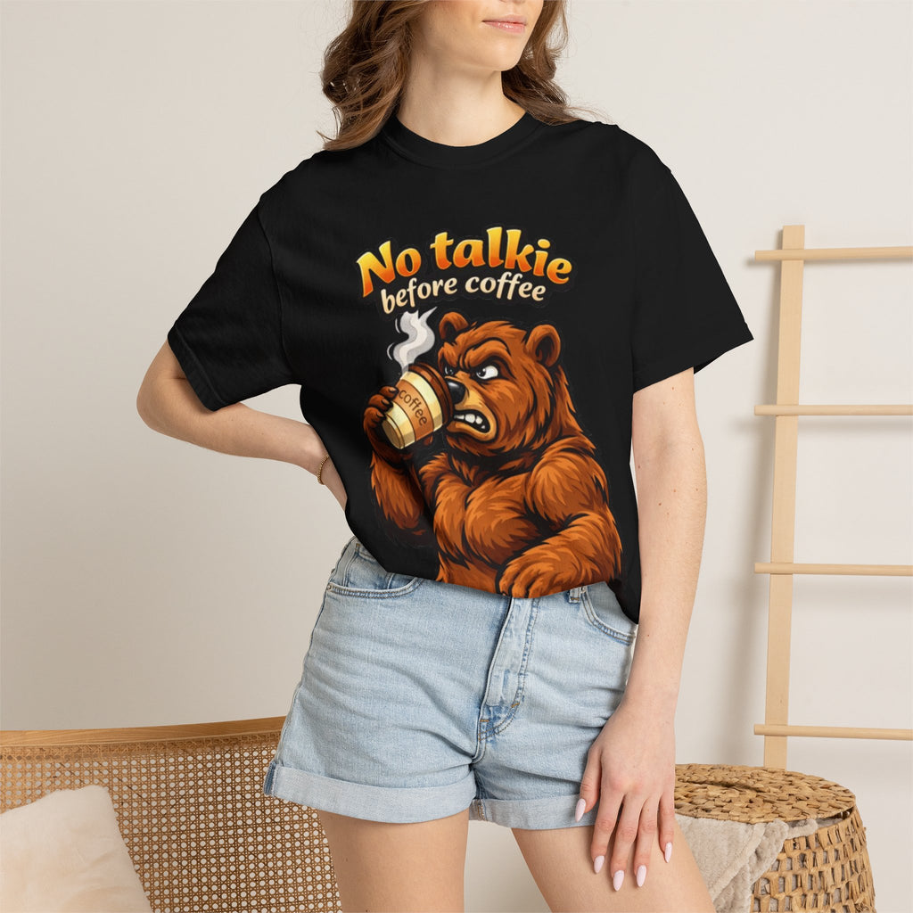 Adult T-Shirt — "No Talkie Before Coffee" Bear Graphic