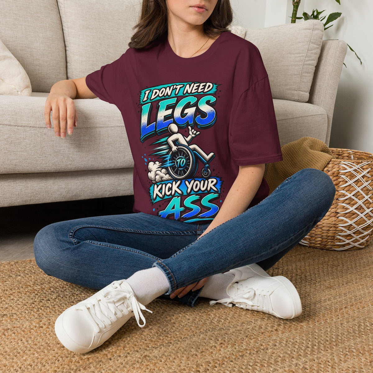I Don't Need Legs to Kick Your Ass Adult T-Shirt — Funny Wheelchair Disability Pride Tee