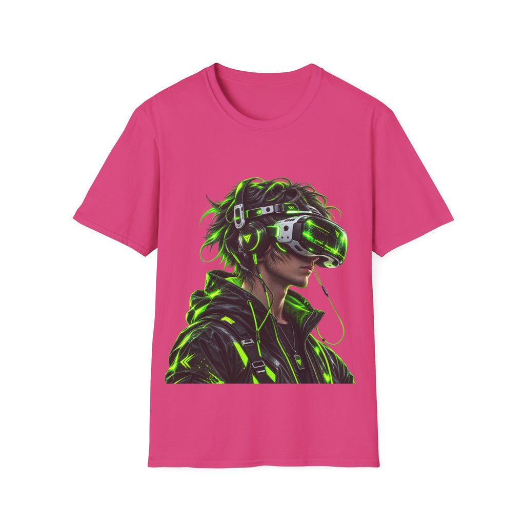 Cyberpunk VR Gamer Adult T-Shirt — Neon Green Virtual Reality Jacket Design