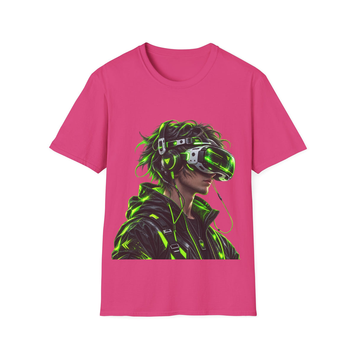 Cyberpunk VR Gamer Adult T-Shirt — Neon Green Virtual Reality Jacket Design