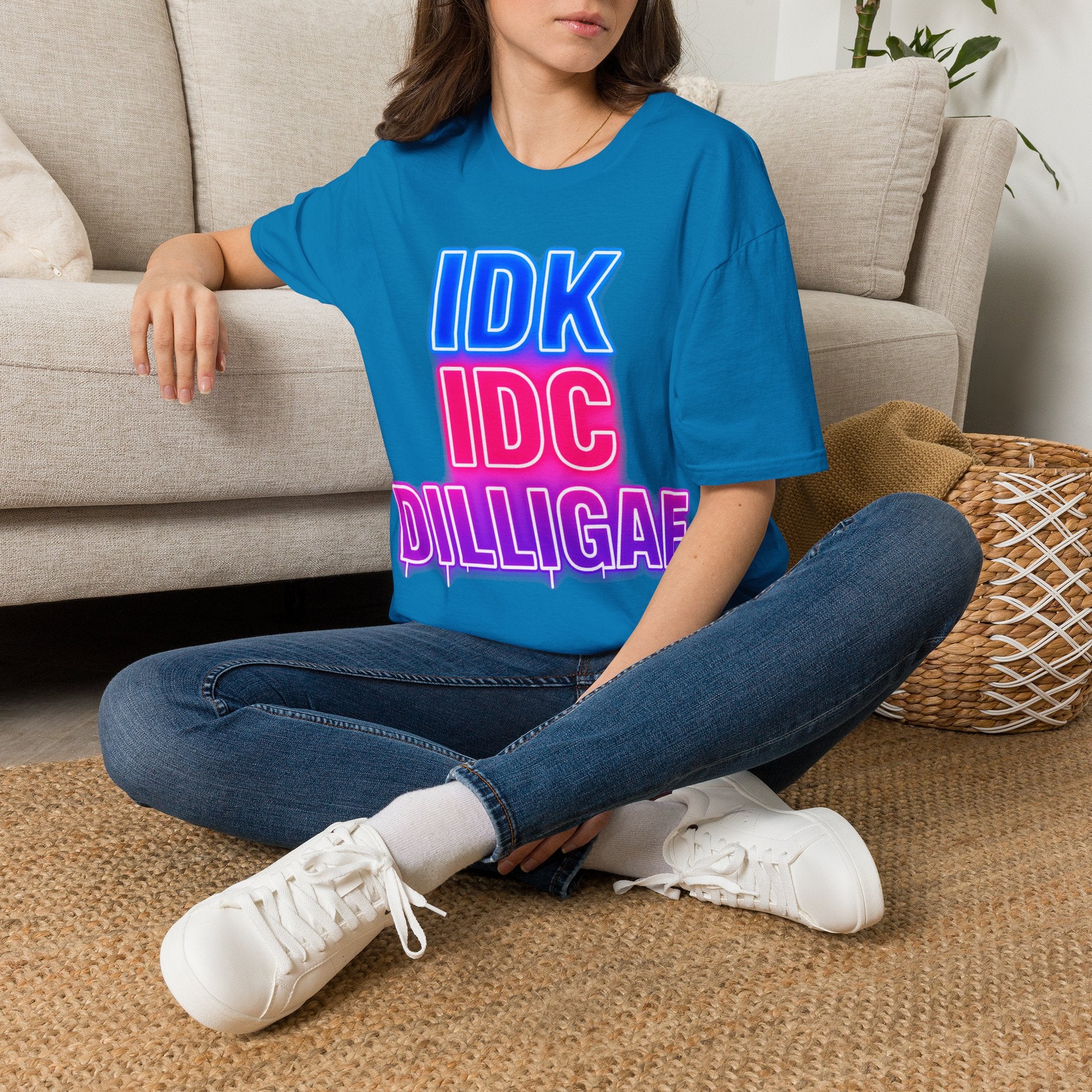 IDK IDC Dilligaf Graphic Adult T-Shirt – Neon Retro Statement Tee