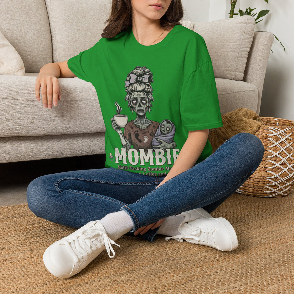 Mombie Adult T-Shirt – Funny Zombie Coffee Tee for Halloween & Horror Fans