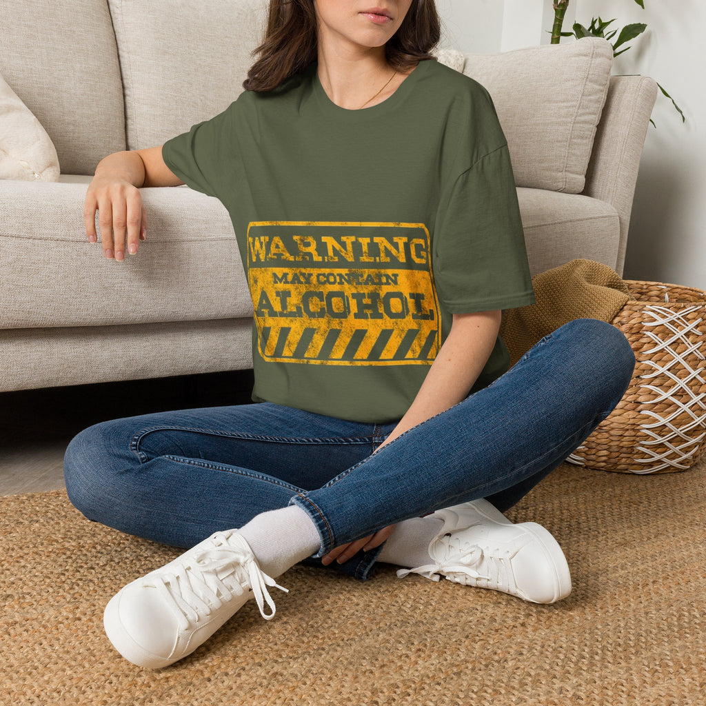 Adult T-Shirt — "WARNING: May Contain Alcohol" Distressed Graphic Tee