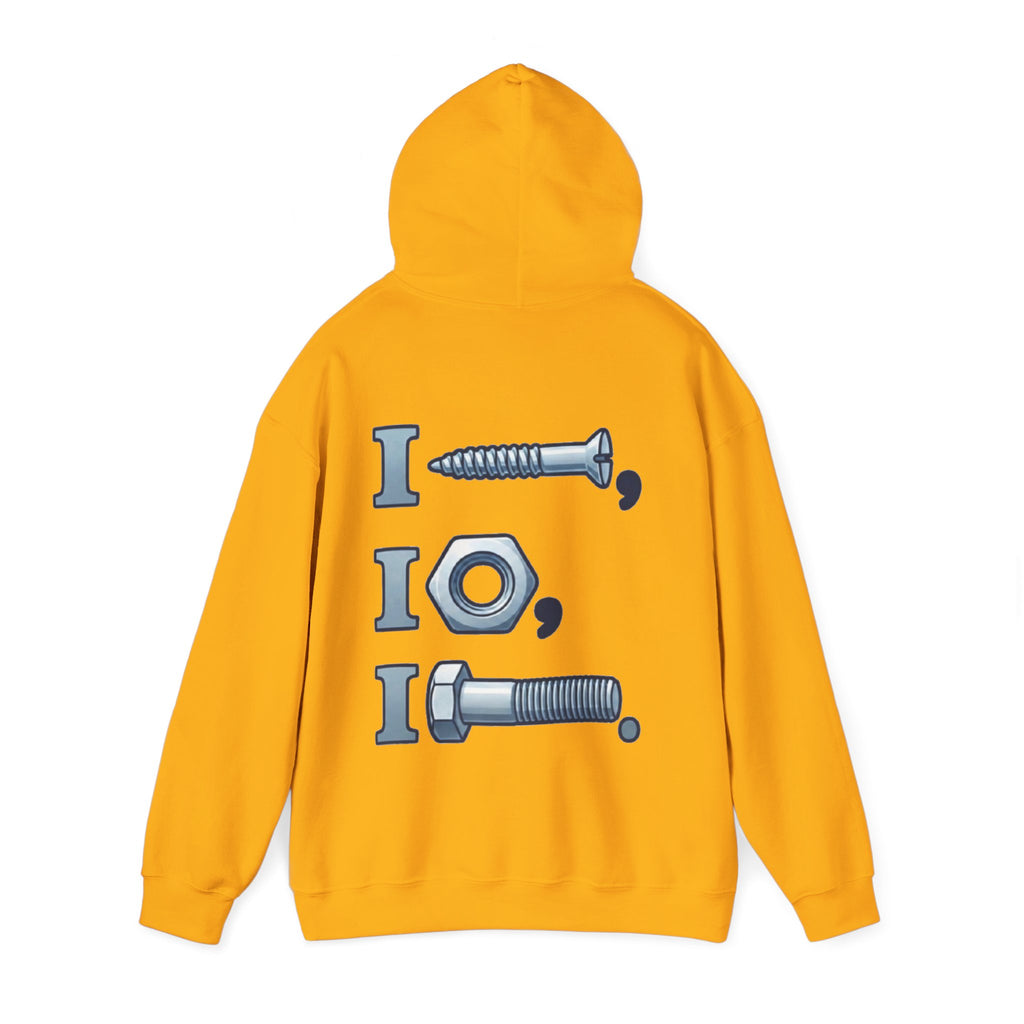 Screw, Nut, Bolt Adult Hoodie — Mechanical Pun Graphic Hooded Sweatshirt