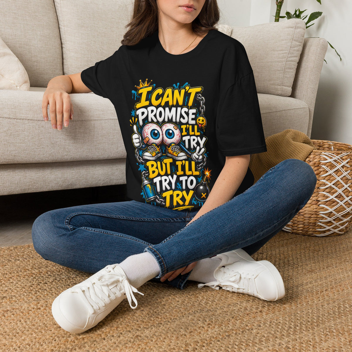 I Can't Promise I'll Try Graphic Adult T-Shirt — Funny Motivational Casual Tee