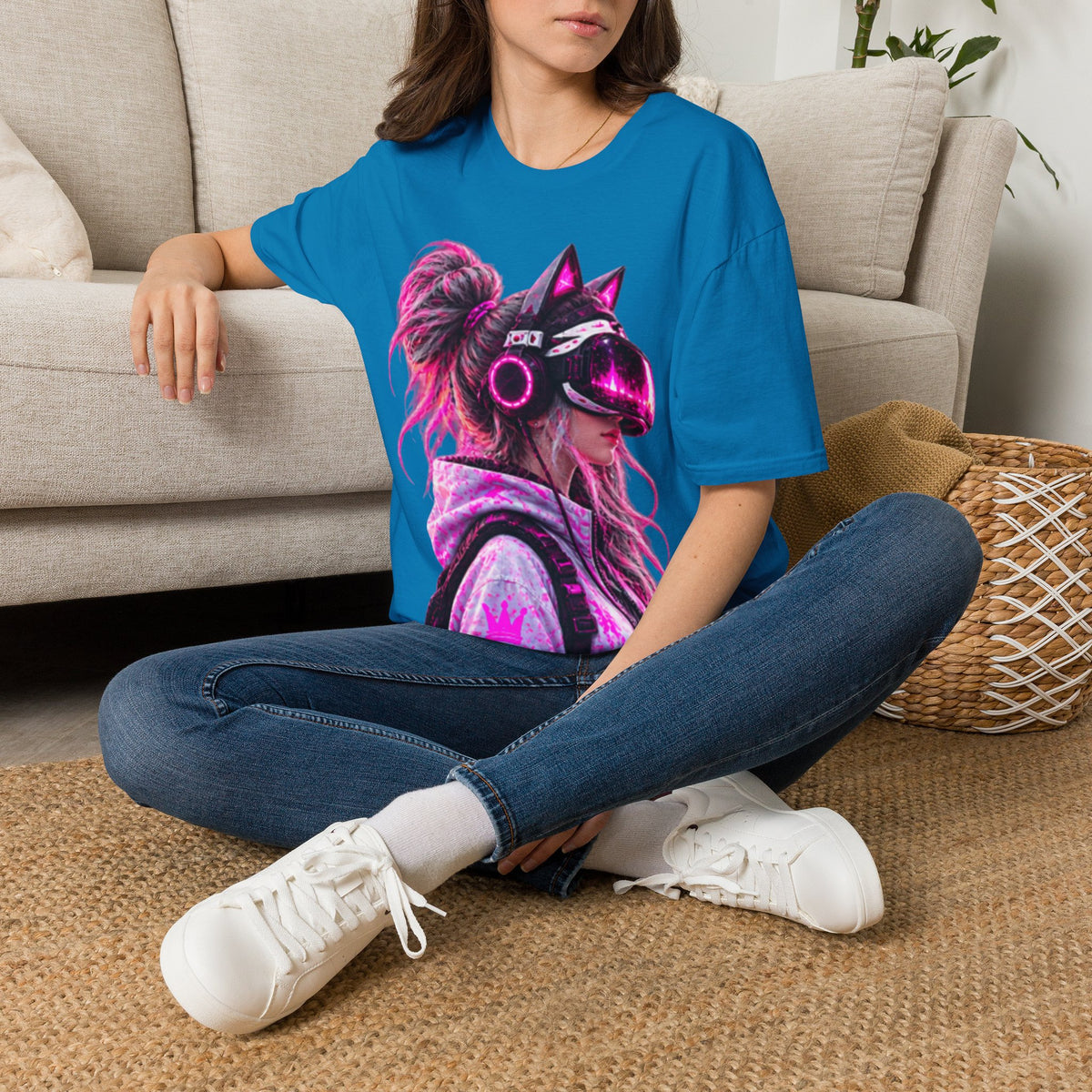 Cat VR Gamer Adult T‑Shirt — Neon Pink Cyberpunk Kitty Gamer Tee
