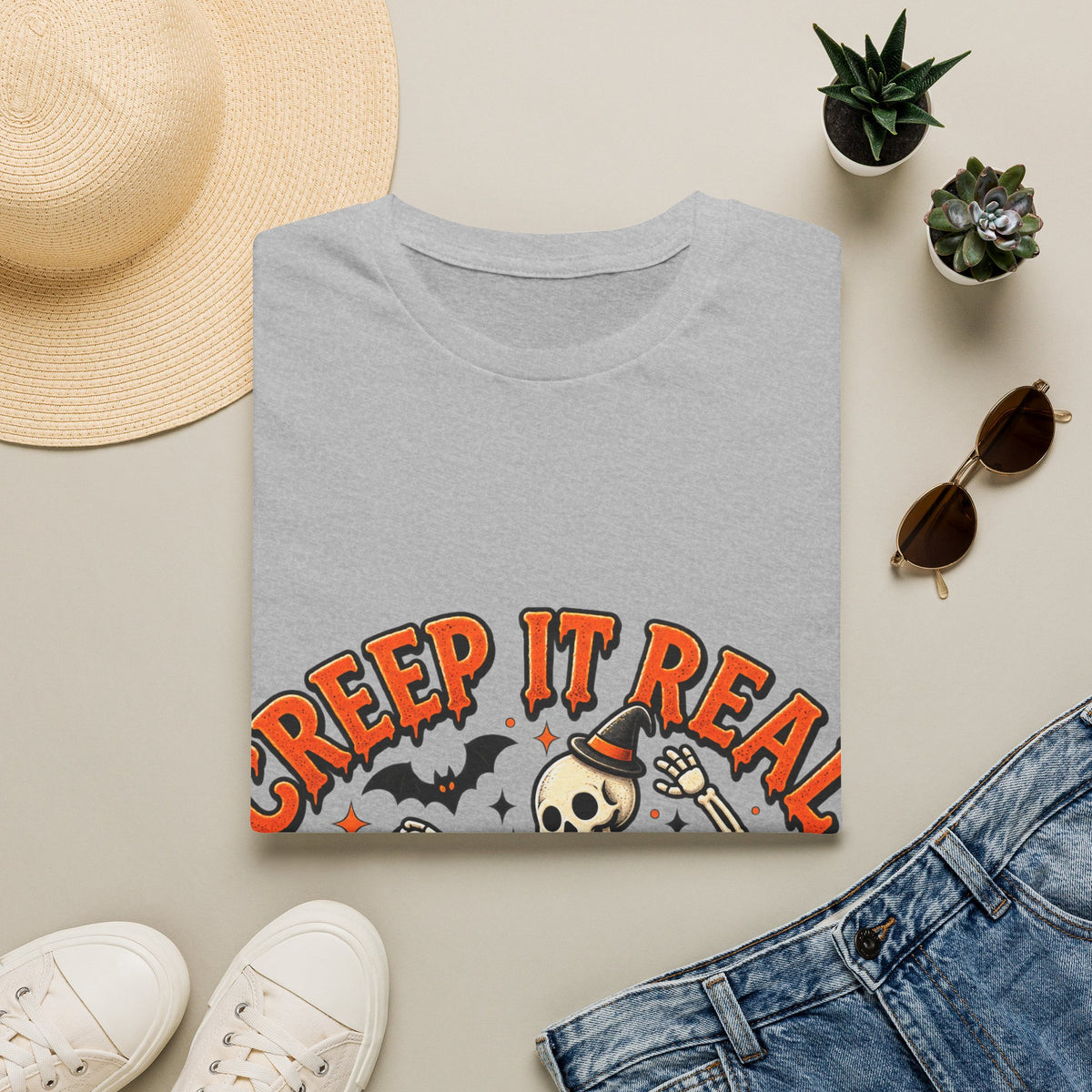 Creep It Real Halloween Adult T-Shirt — Dancing Skeleton & Pumpkin Graphic