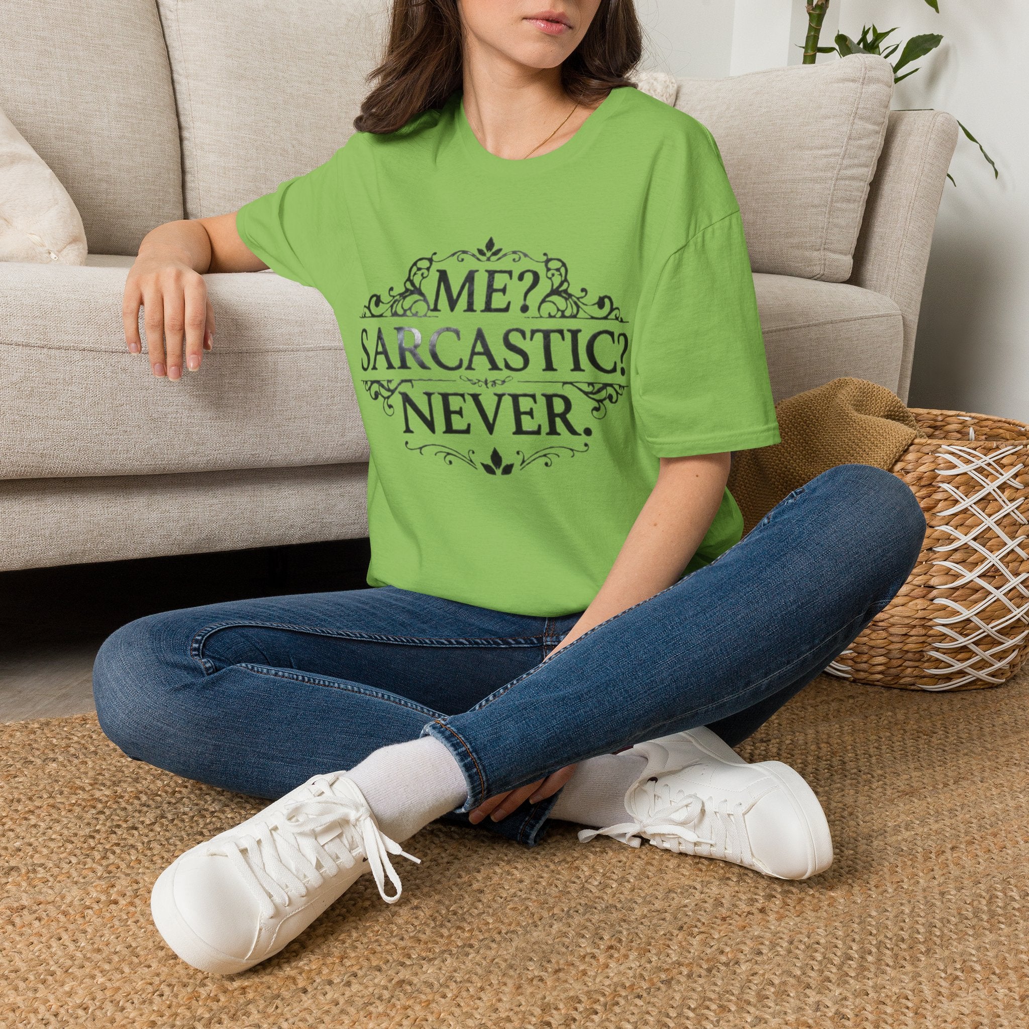 Sarcastic Adult Tee — "Me? Sarcastic? Never." Vintage Ornate Graphic T-Shirt