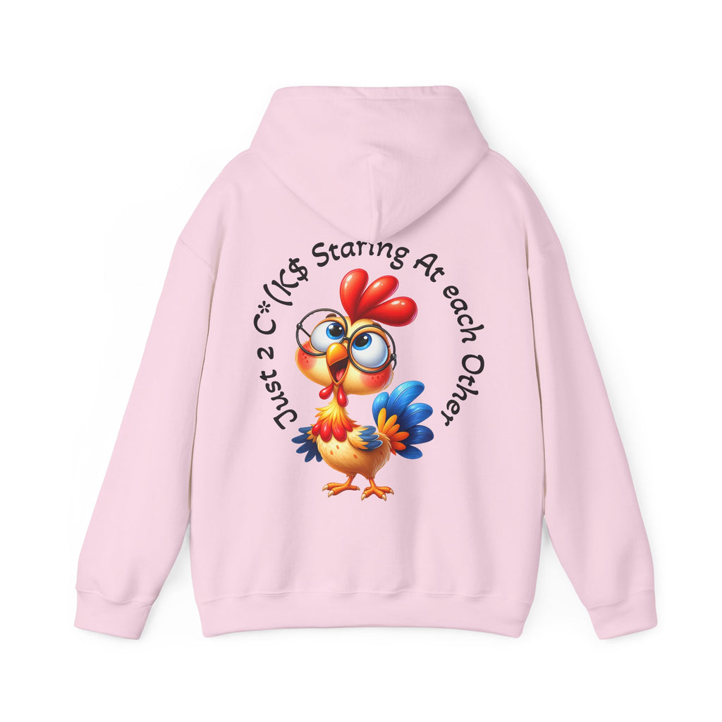 Adult Hoodie — Cute Cartoon Chicken “Just 2 C*#ks Staring At Each Other” Funny Graphic Hoodie