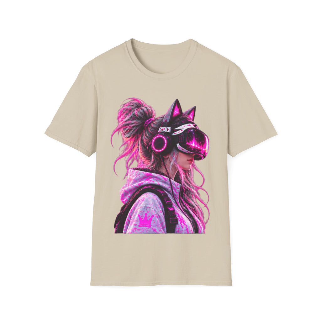 Cat VR Gamer Adult T‑Shirt — Neon Pink Cyberpunk Kitty Gamer Tee
