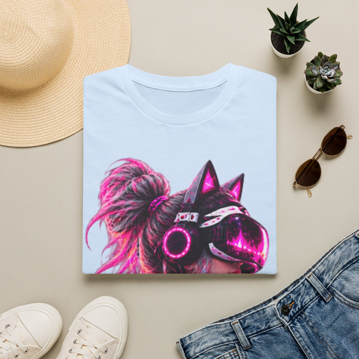 Cat VR Gamer Adult T‑Shirt — Neon Pink Cyberpunk Kitty Gamer Tee