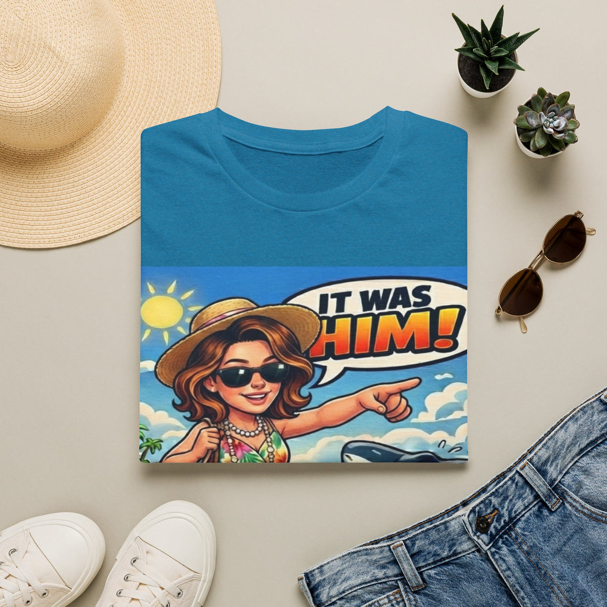 Adult T-Shirt — 'It Was Him!' Beach Shark Graphic Tee