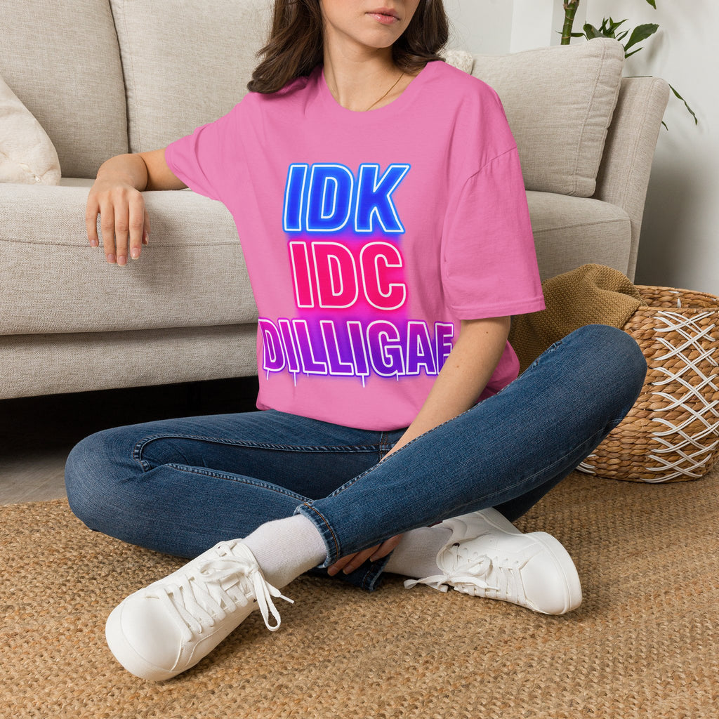 IDK IDC Dilligaf Graphic Adult T-Shirt – Neon Retro Statement Tee