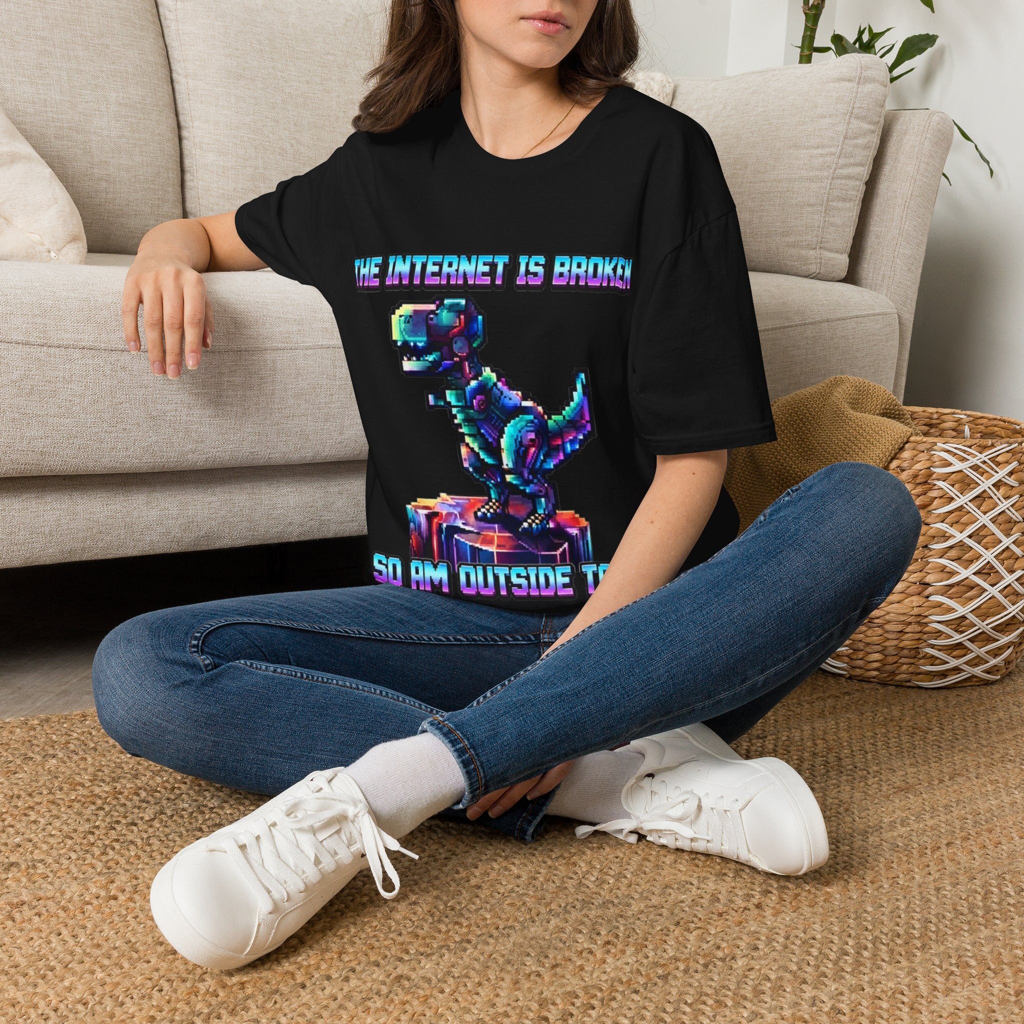 Internet Is Broke Adult  T-Shirt — Retro Pixel Dino "So Am I" Graphic Tee