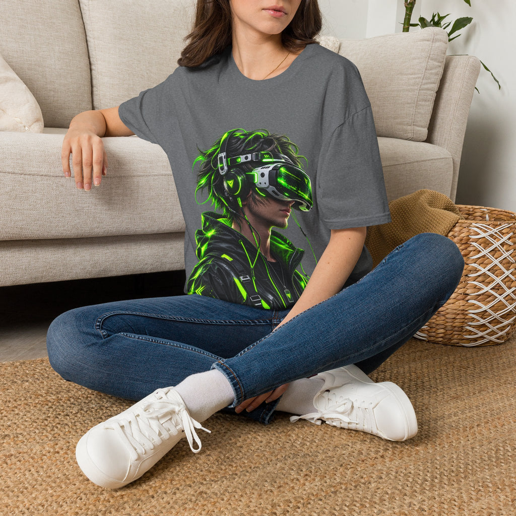 Cyberpunk VR Gamer Adult T-Shirt — Neon Green Virtual Reality Jacket Design