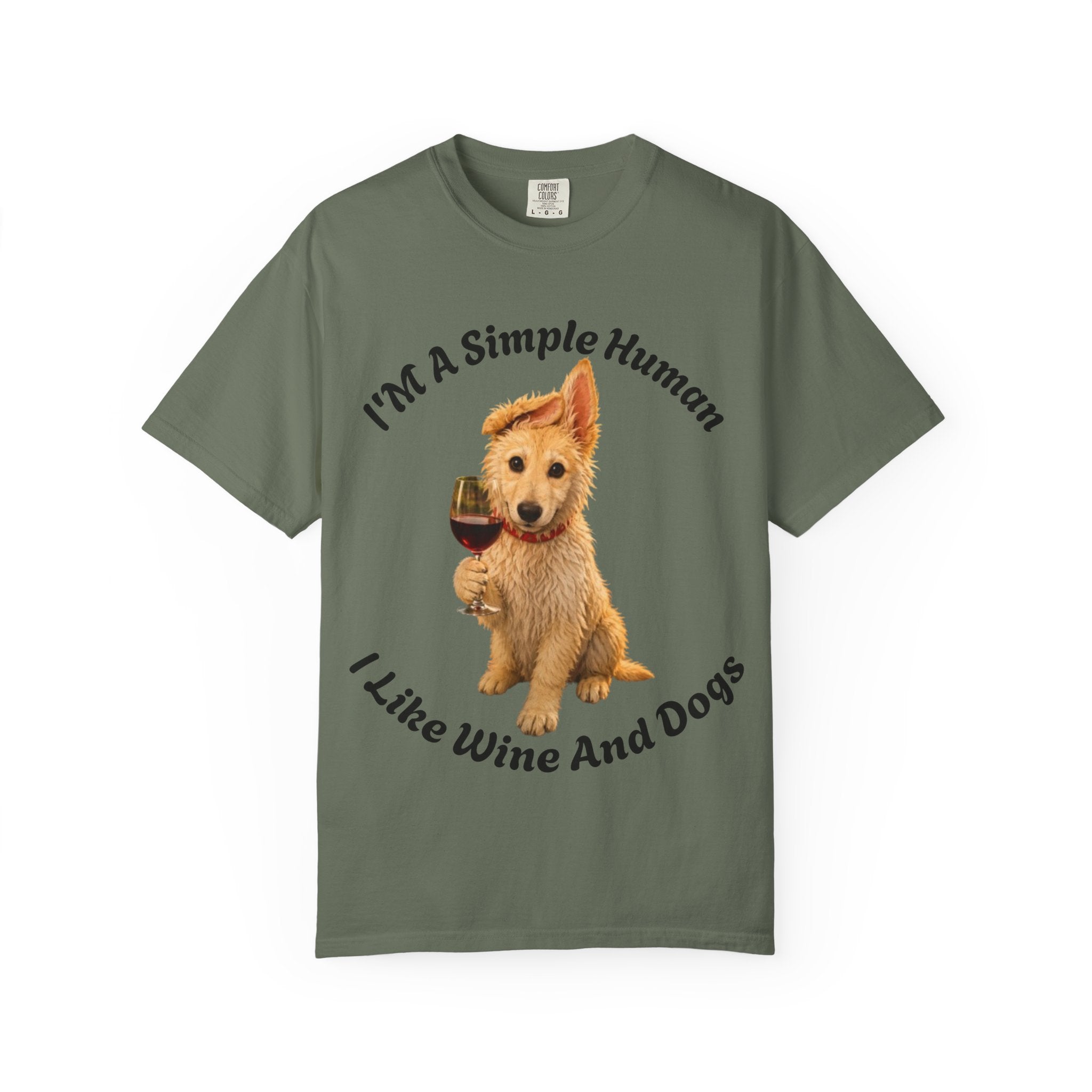 Adult T-Shirt — "I'm A Simple Human I Like Wine And Dogs" Cute Dog & Wine Graphic Tee