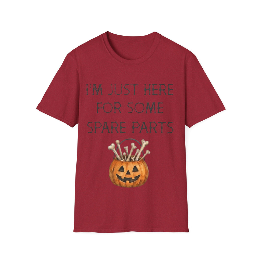 Halloween Pumpkin Jack-o'-Lantern Adult T-Shirt — "I'm Just Here For Some Spare Parts"