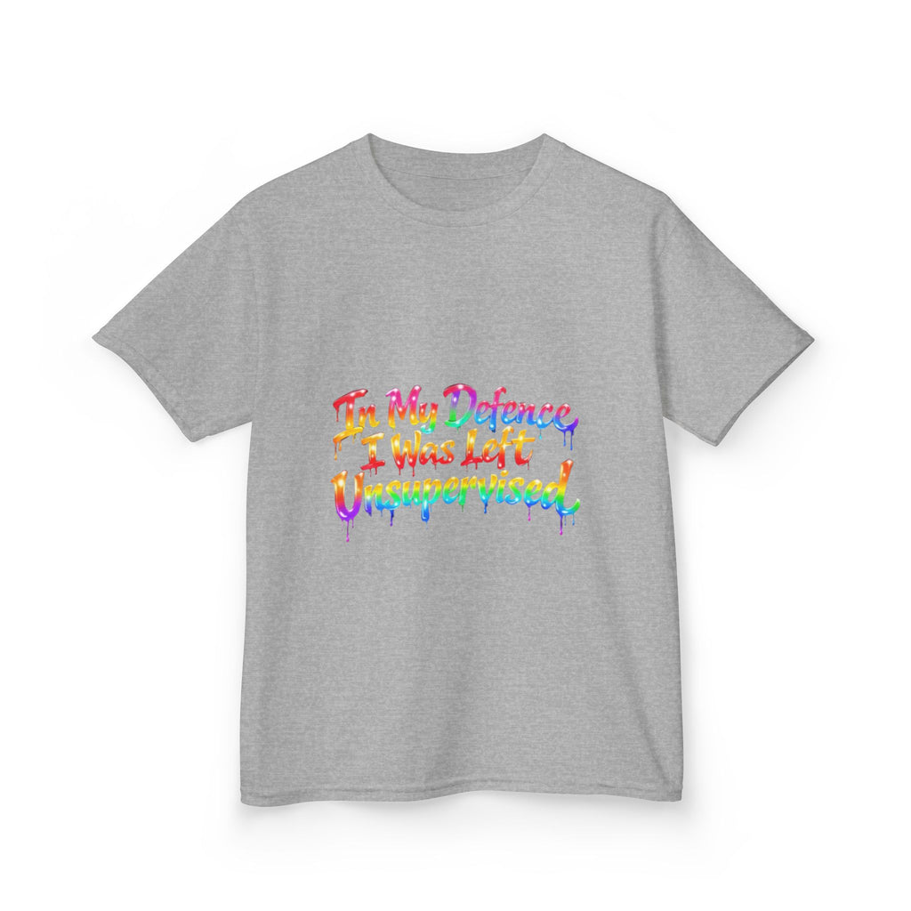 Kids Tee — "In My Defence I Was Left Unsupervised" Rainbow Drip Graphic