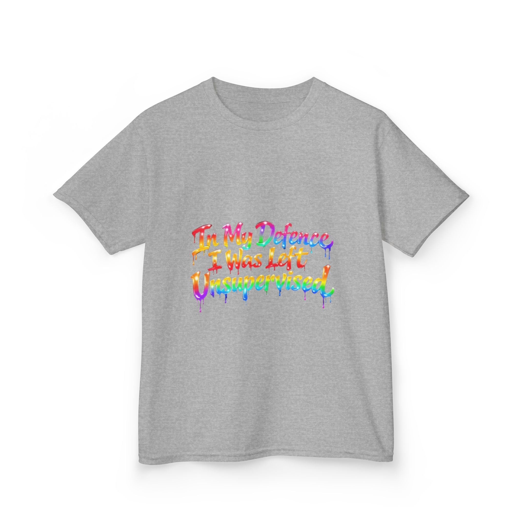 Kids Tee — "In My Defence I Was Left Unsupervised" Rainbow Drip Graphic