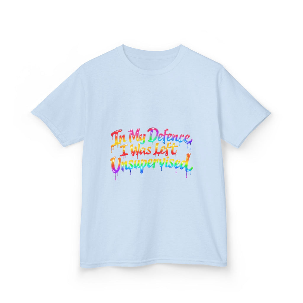 Kids Tee — "In My Defence I Was Left Unsupervised" Rainbow Drip Graphic